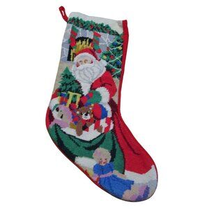 Vintage Handcrafted Needlepoint Christmas Stocking Santa Toys GUC Velvet Wool